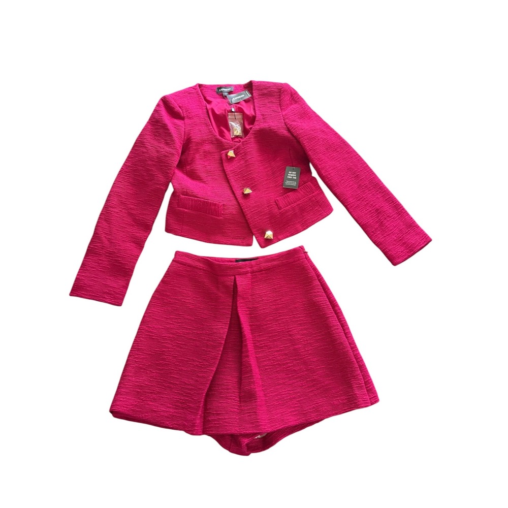 Express Pink Tweed Textured Jacket and Skort Set Magenta Gold Stud Button NWT